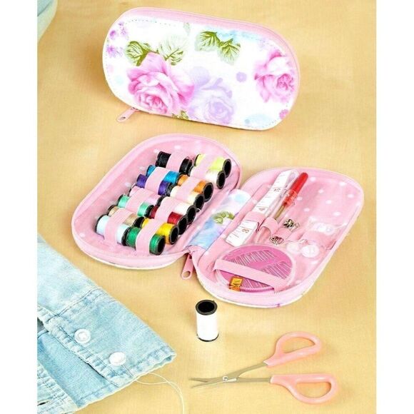 Sewing Kit Pink Rose Zippered Pouch Shears Thread Buttons Safety Pin Floral NEW - Picture 1 of 2